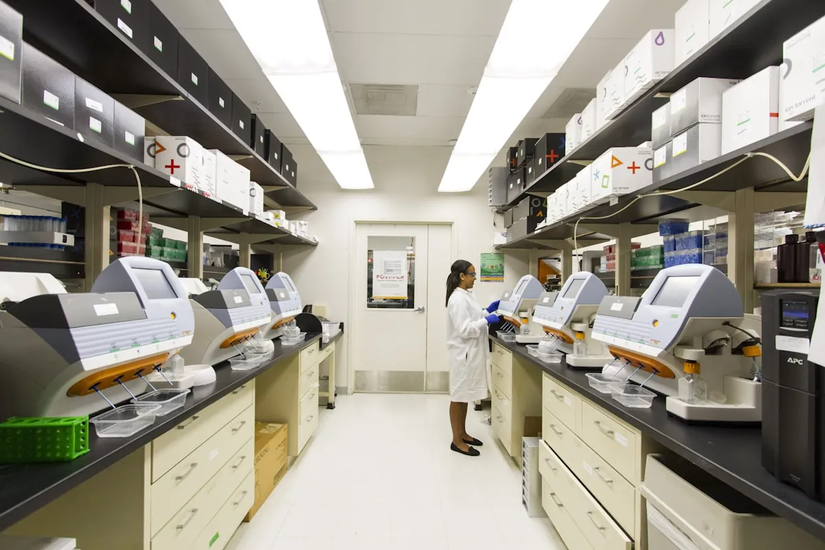 A laboratory bench equipped with a row of matched analysers